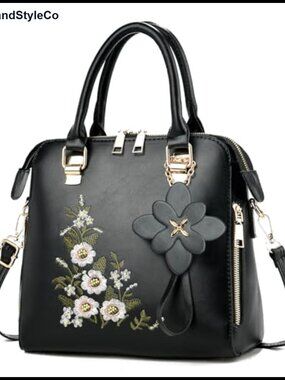 Embroidered Satchel Handbag PU Crossbody Purse